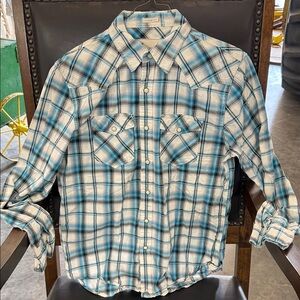 American Eagle Outfitters Blue and White Plaid Pearl Snap Shirt - Medium